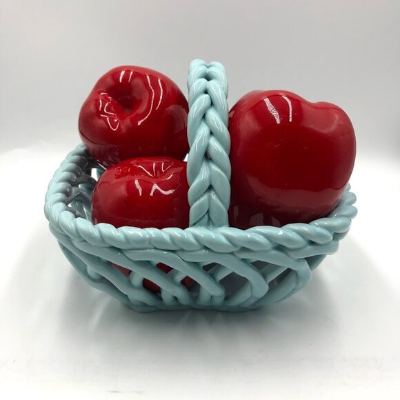 Grace's Pantry Light Blue Hand Woven Ceramic Basket With 4 Faux Apples - Picture 5 of 15